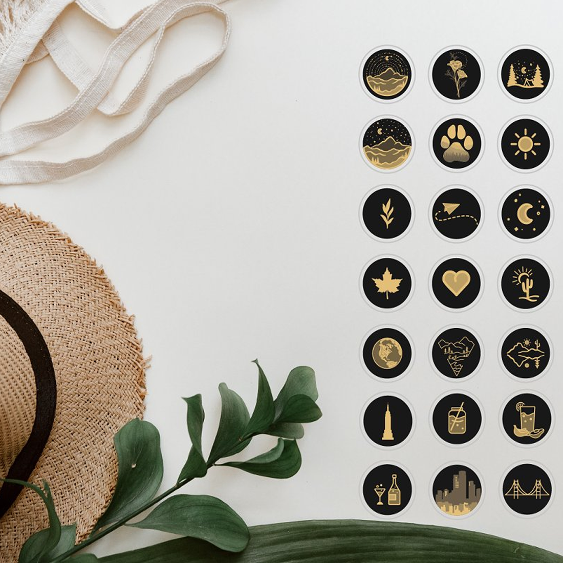 Images preview black gold travel highlight icons.