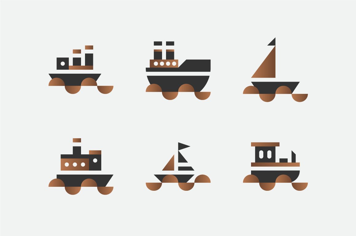 Elegant, minimal, geometric Boat Vectors to use as icons, logos and illustrations.