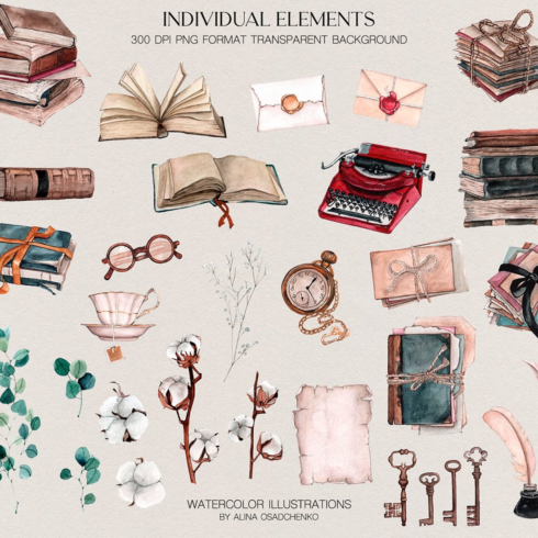 Images preview book lovers watercolor set.