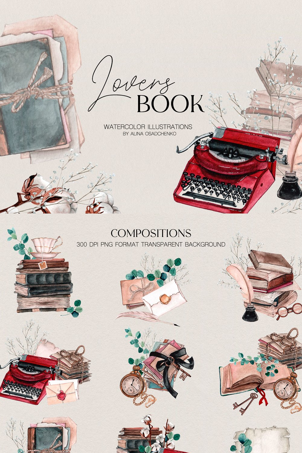 Illustrations book lovers watercolor set of pinterest.