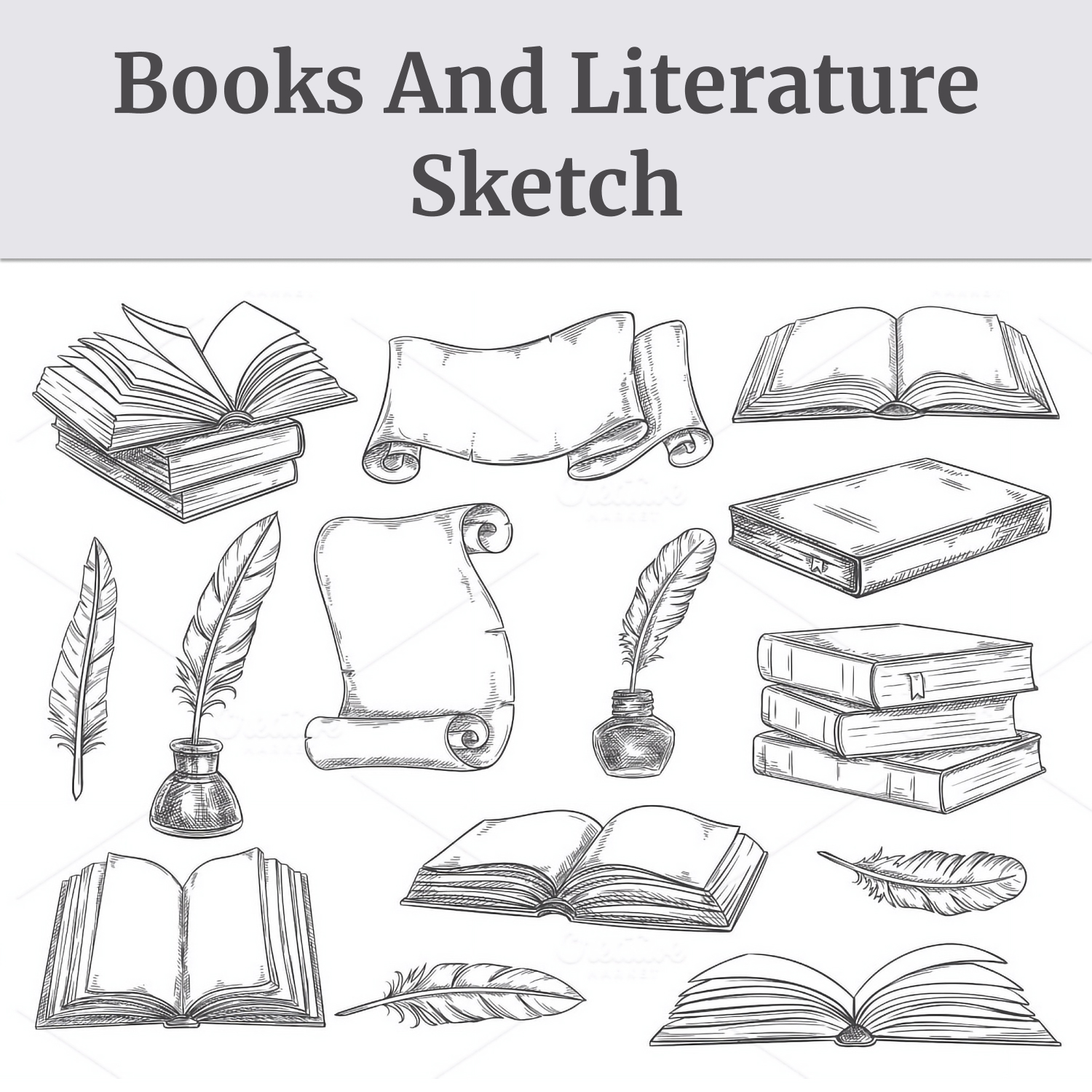 Images preview books and literature quills sketch.