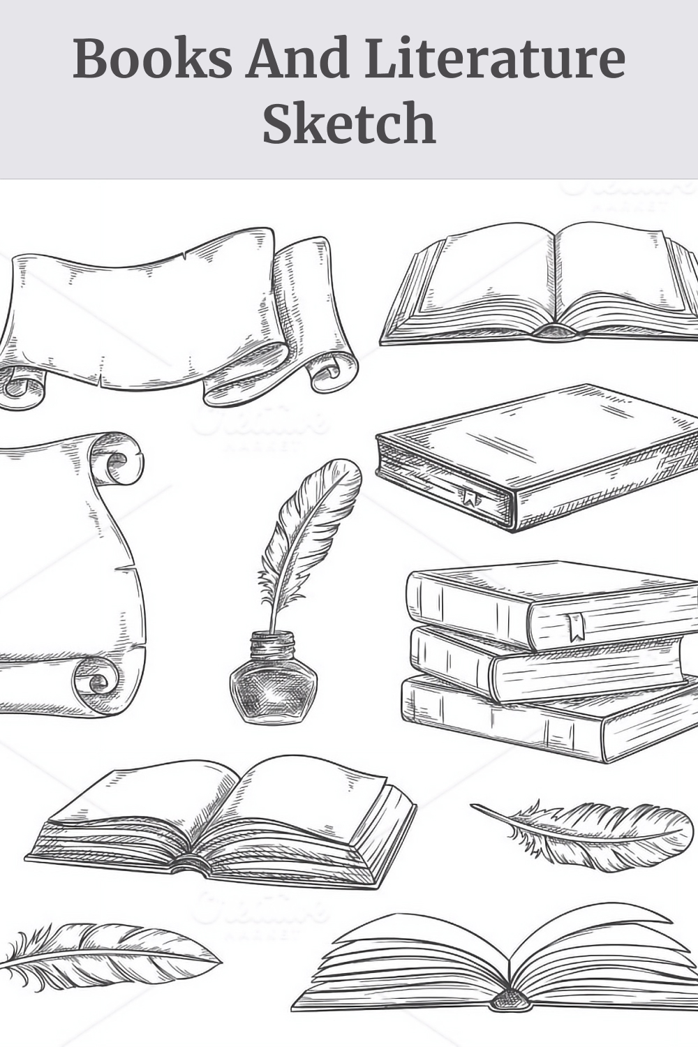 Illustrations books and literature quills sketch of pinterest.