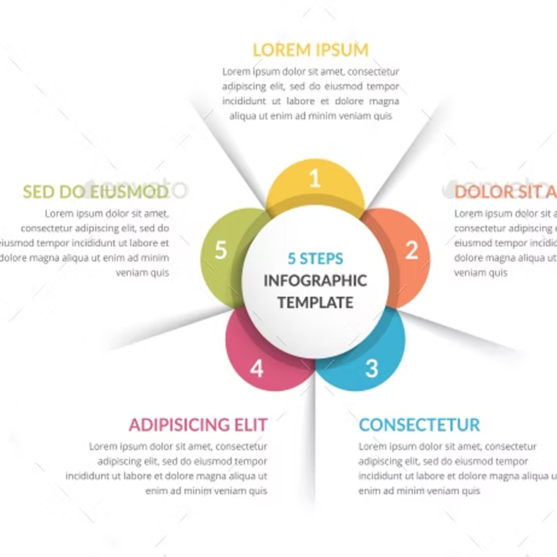 Images preview circle infographics with five elements.