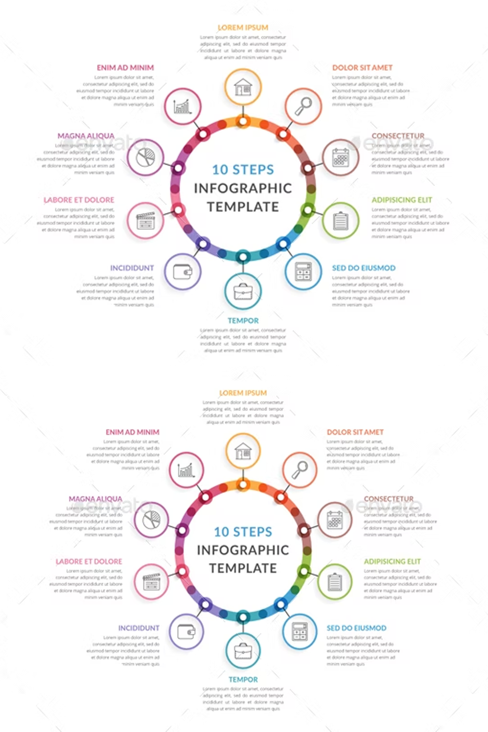 Illustrations circle infographics with ten elements of pinterest.