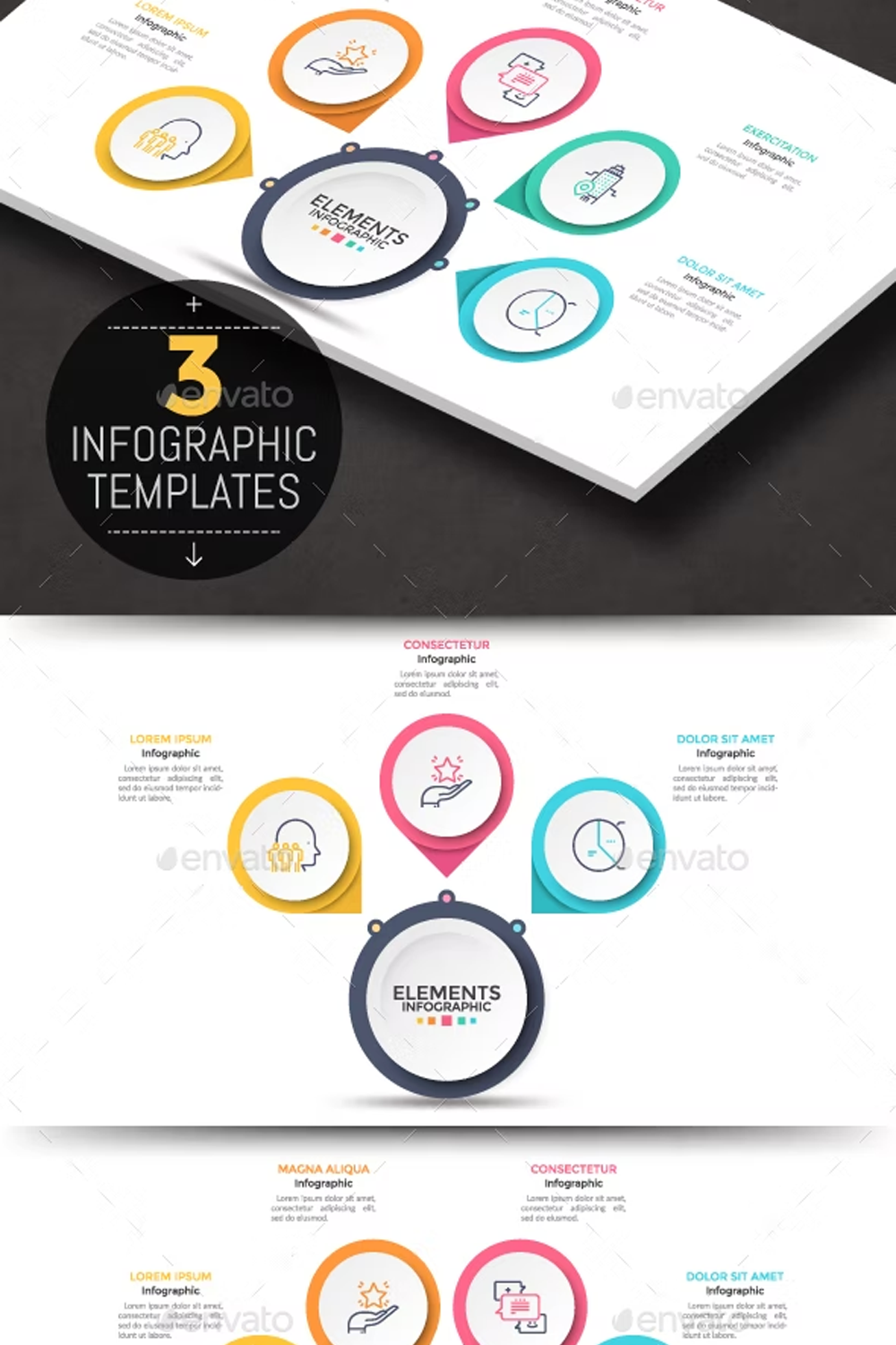 Illustrations circular infographic choice template 3 items of pinterest.
