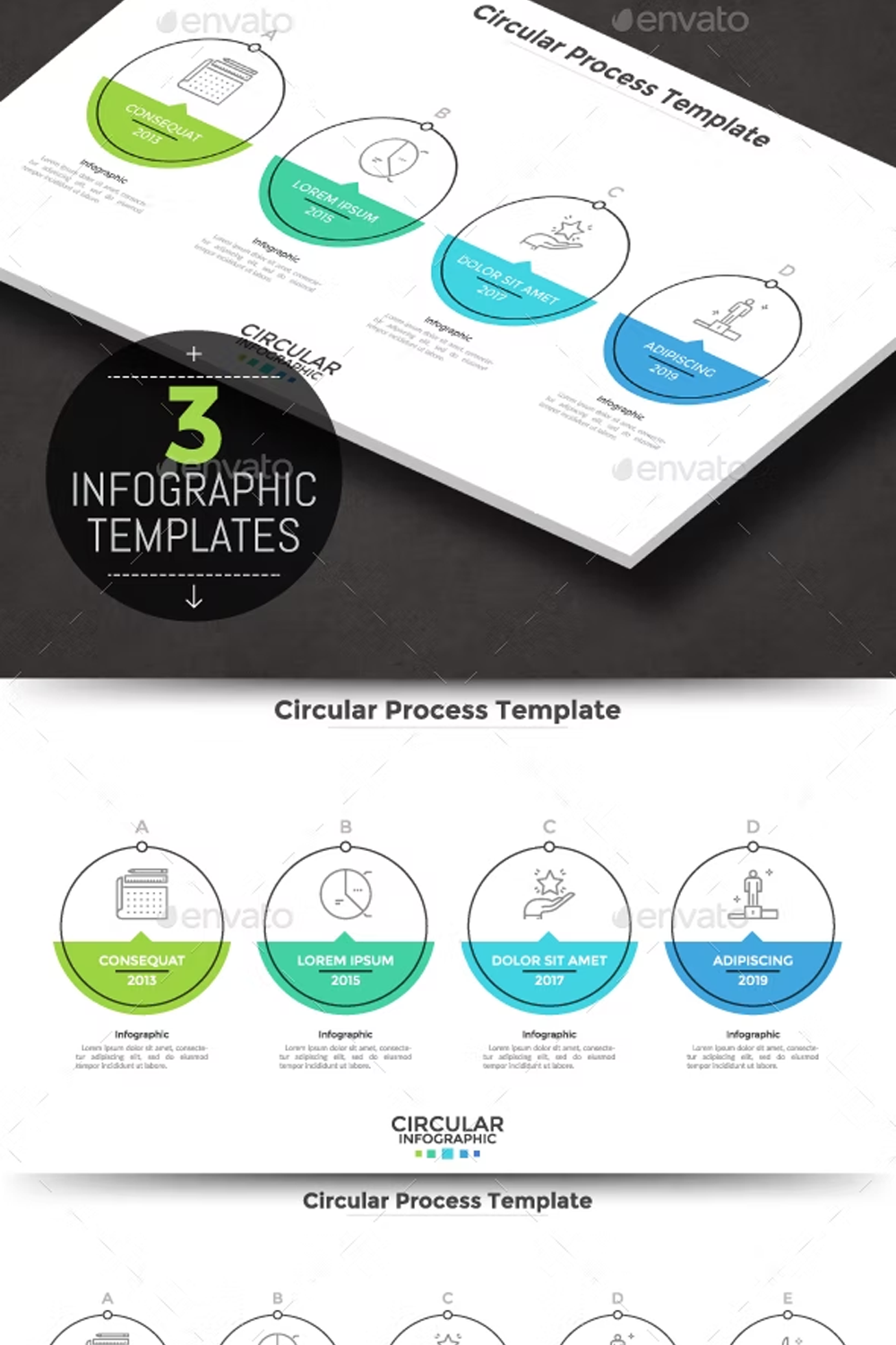 Illustrations circular infographic process template 3 items of pinterest.