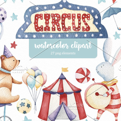 Images preview circus animals watercolor clipart.