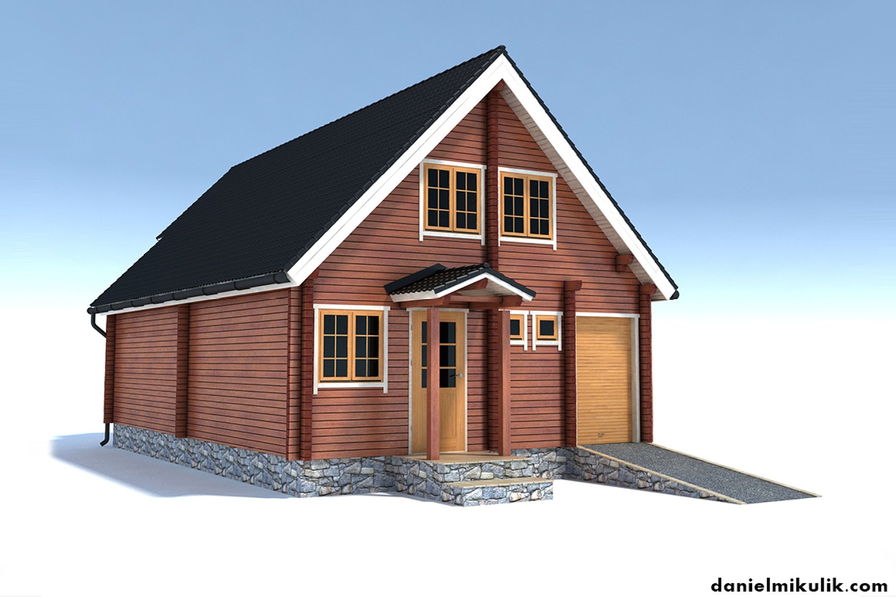 A brown house with a green roof.