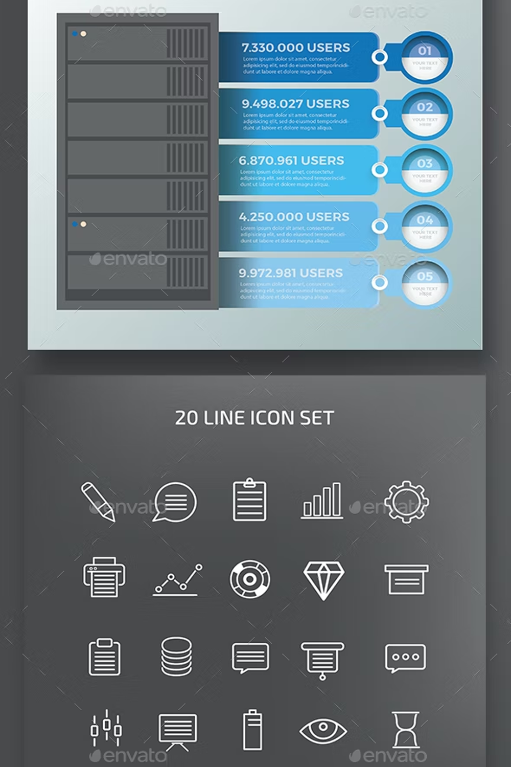 Illustrations database server infographic design of pinterest.