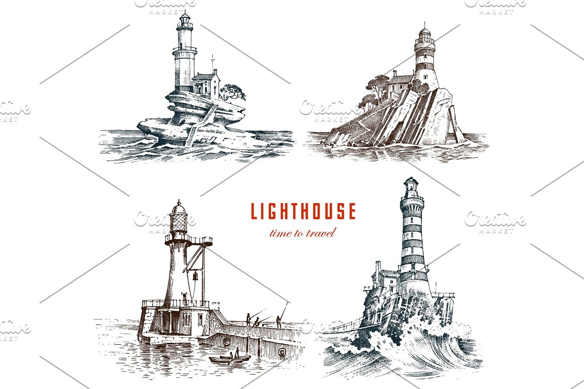 Lighthouse and sea marine sketch