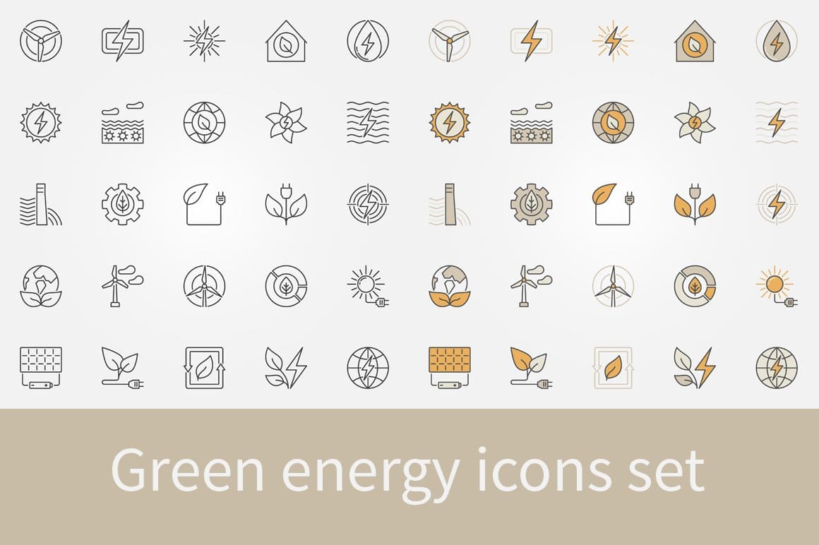 Green energy icons set, Vector collection of renewable energy and power concept signs.