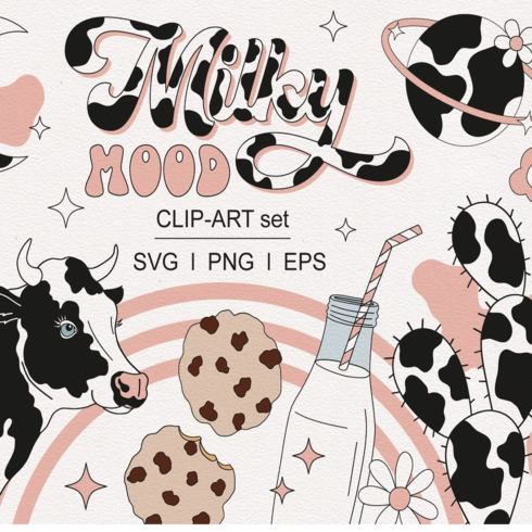 Images preview groovy hippie black white milky cow.
