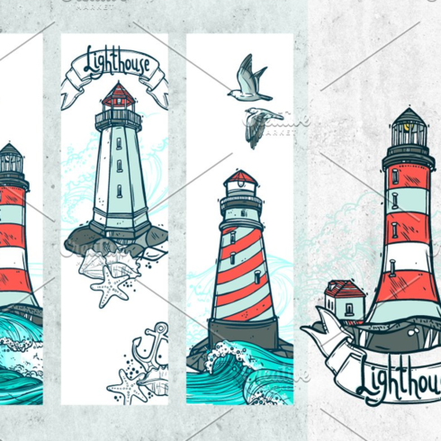 Images preview hand drawn lighthouse set.