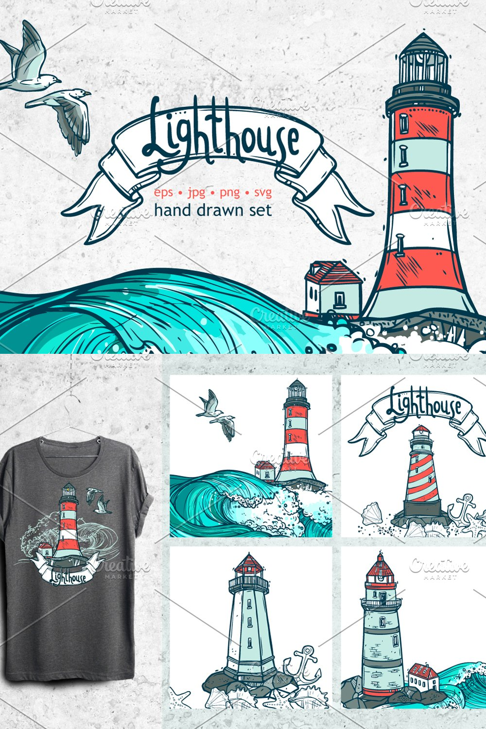 Illustrations hand drawn lighthouse set of pinterest.