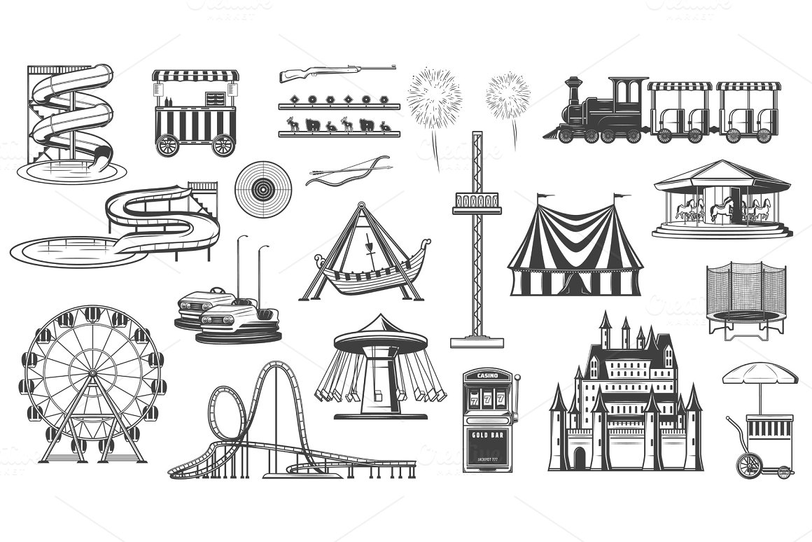 Amusement park icons on images.