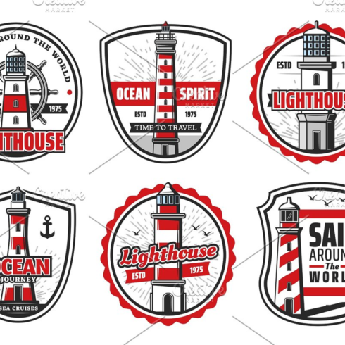 Images preview icons of sea or ocean lighthouse.