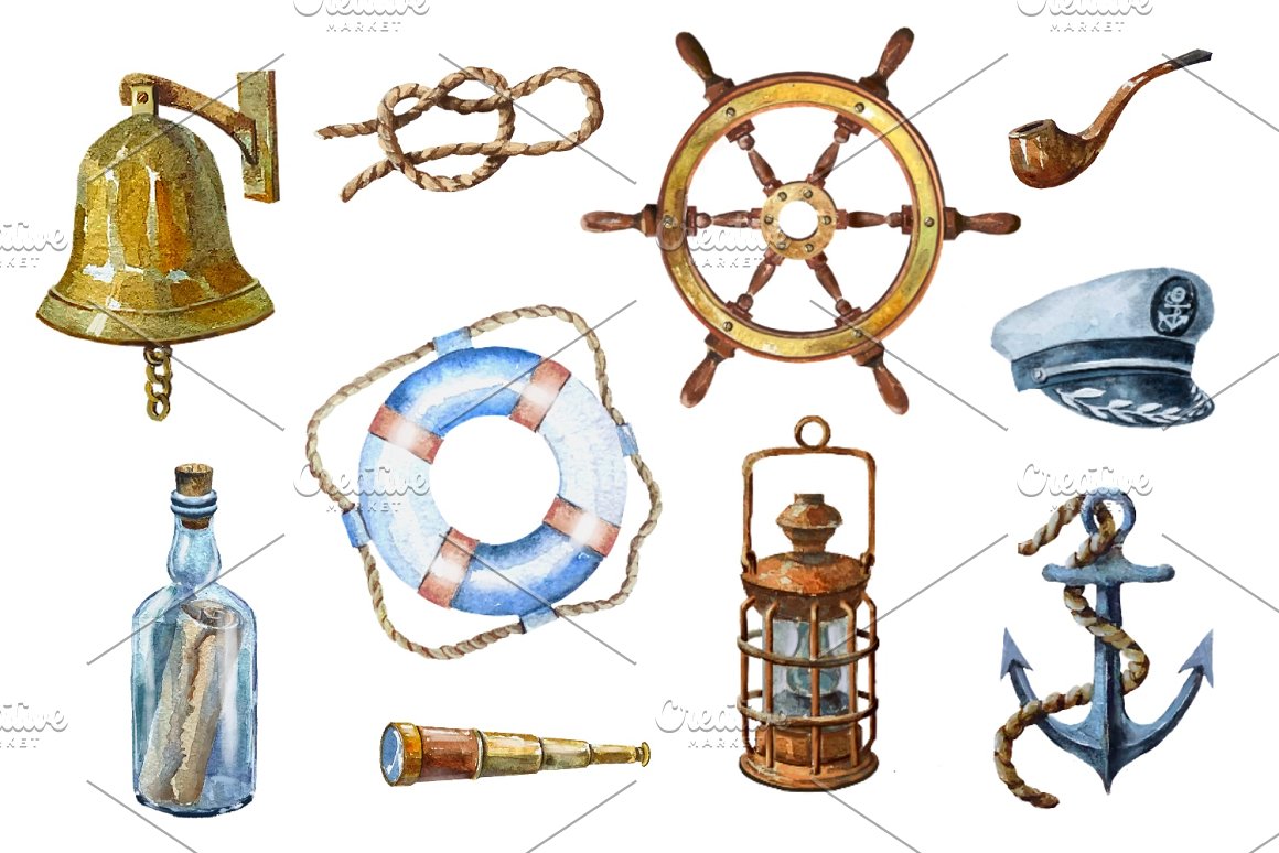 Images of a rudder and lantern and more.