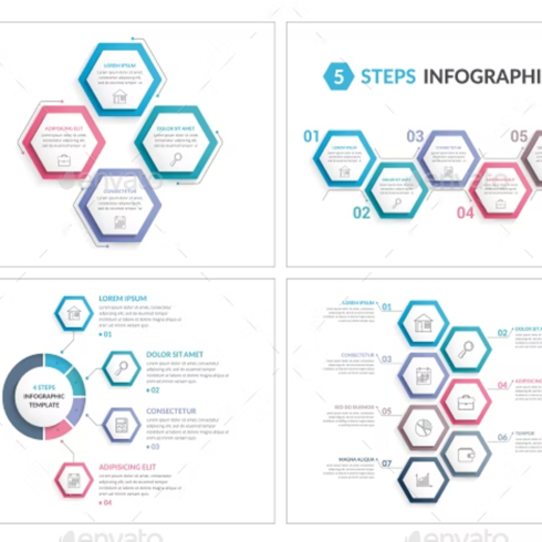 Images preview infographics with hexagons.