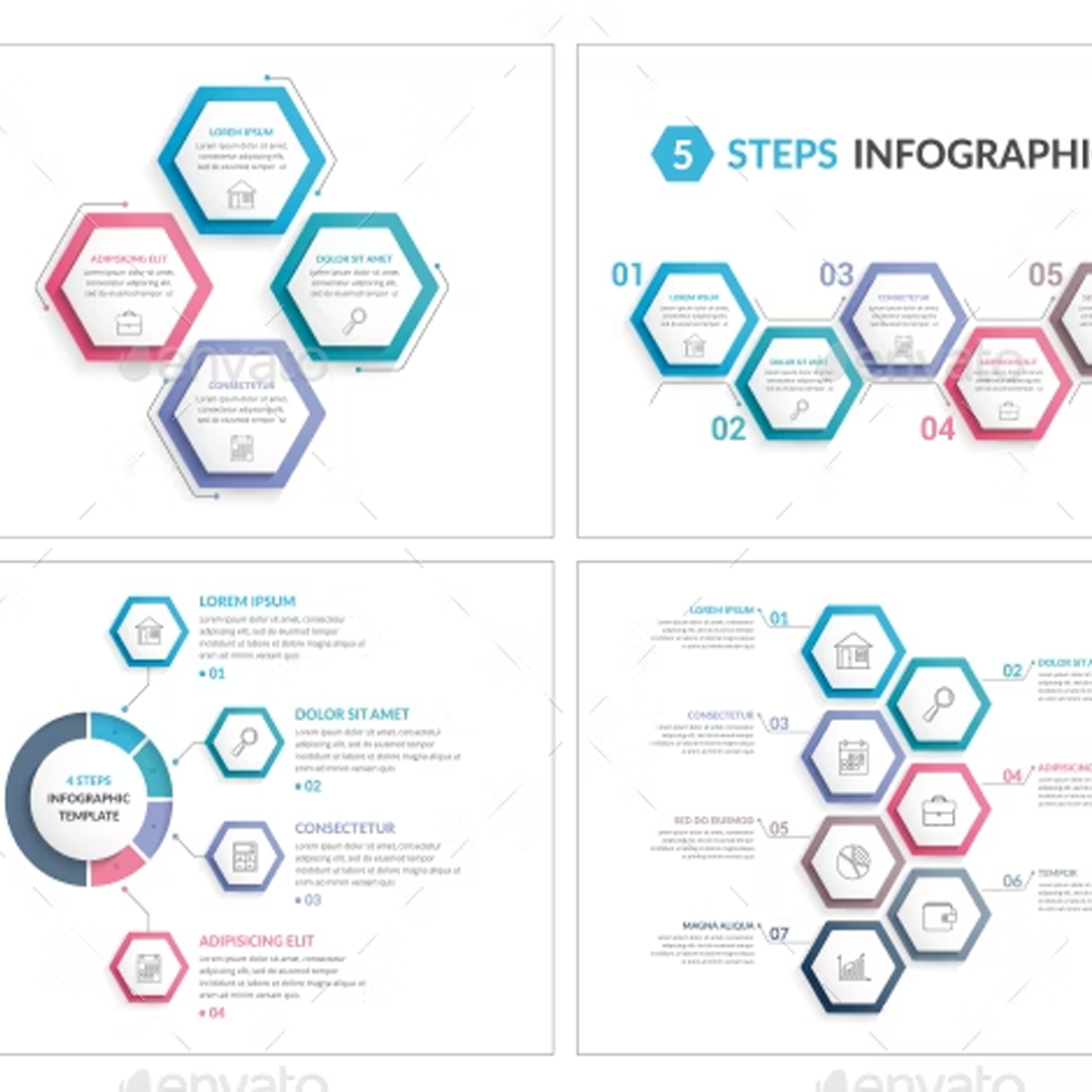 Images preview infographics with hexagons.