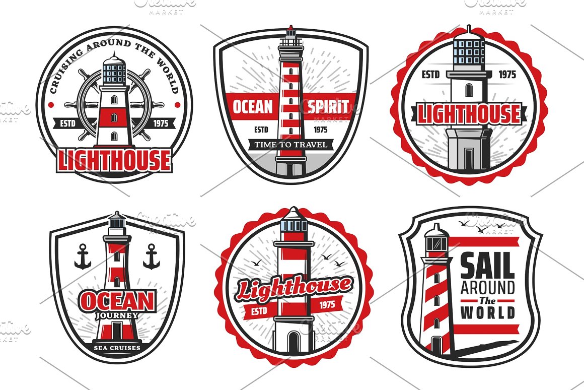 Icons of sea or ocean lighthouse