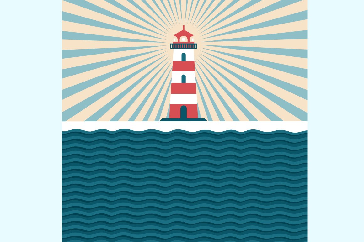 An image of a red-white lighthouse and the sea.