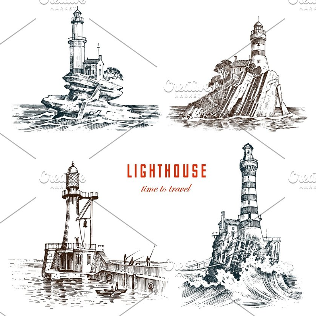 Images preview lighthouse and sea. marine sketch.
