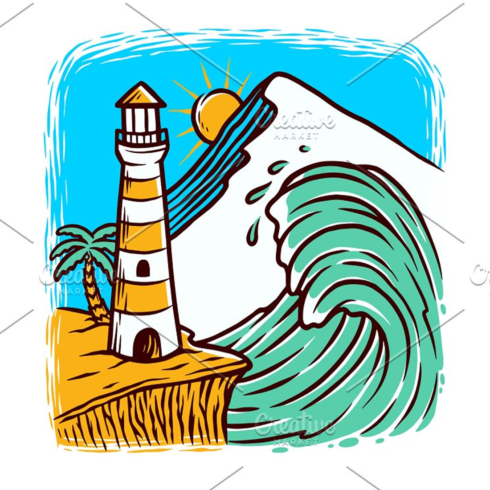 Images preview lighthouse and waves illustration.