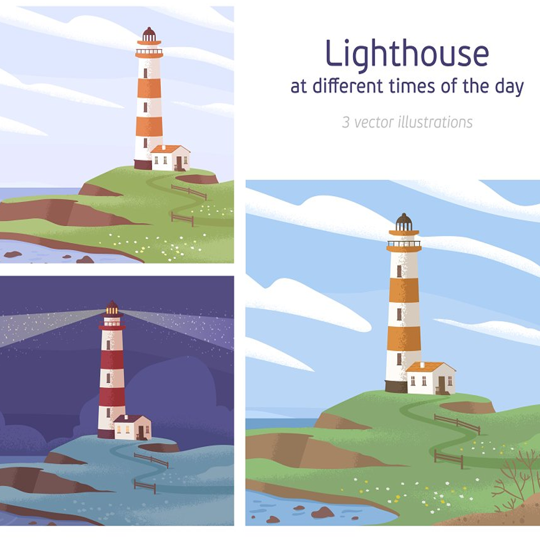 Images preview lighthouse on sea coast set.