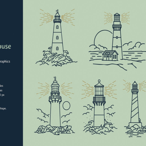 Images preview lighthouse scene lineart hand drawn.