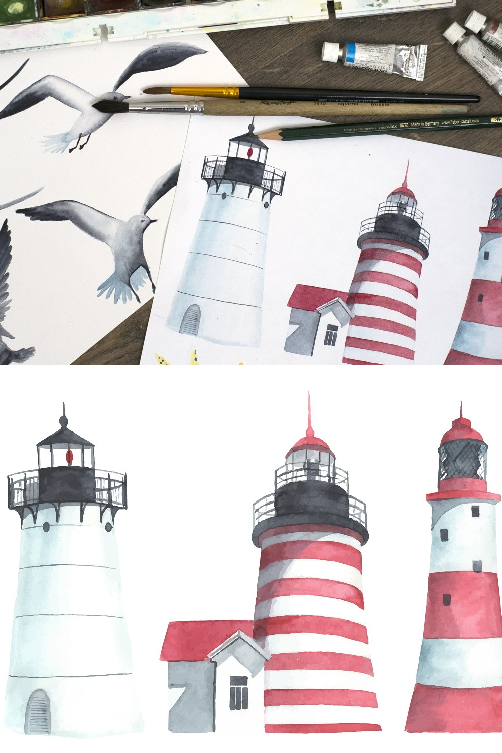 Illustrations lighthouses and seagulls. watercolor of pinterest.