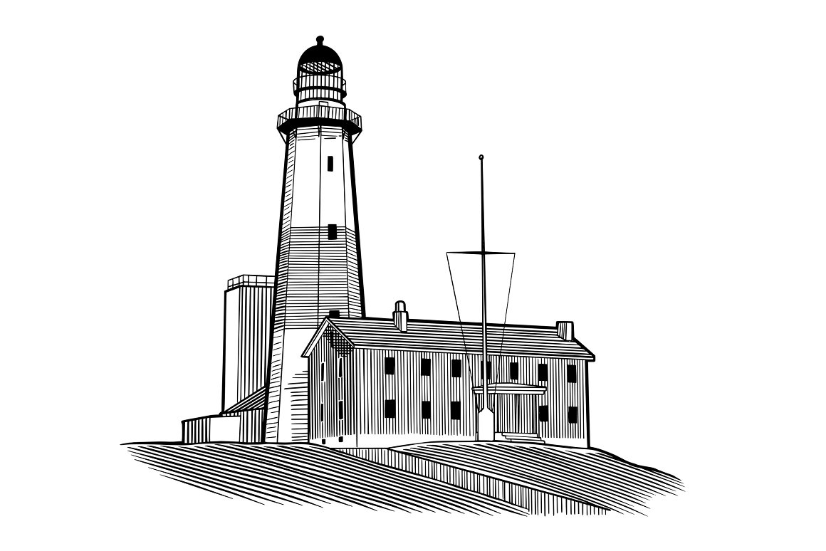 Black and white picture of a lighthouse.