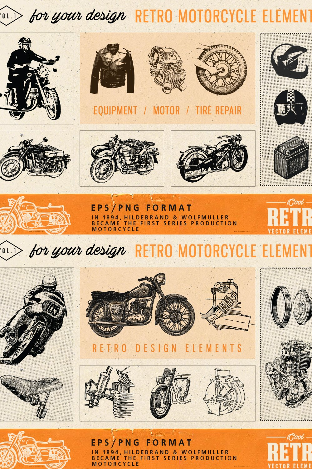 Illustrations motorcycle retro set of pinterest.