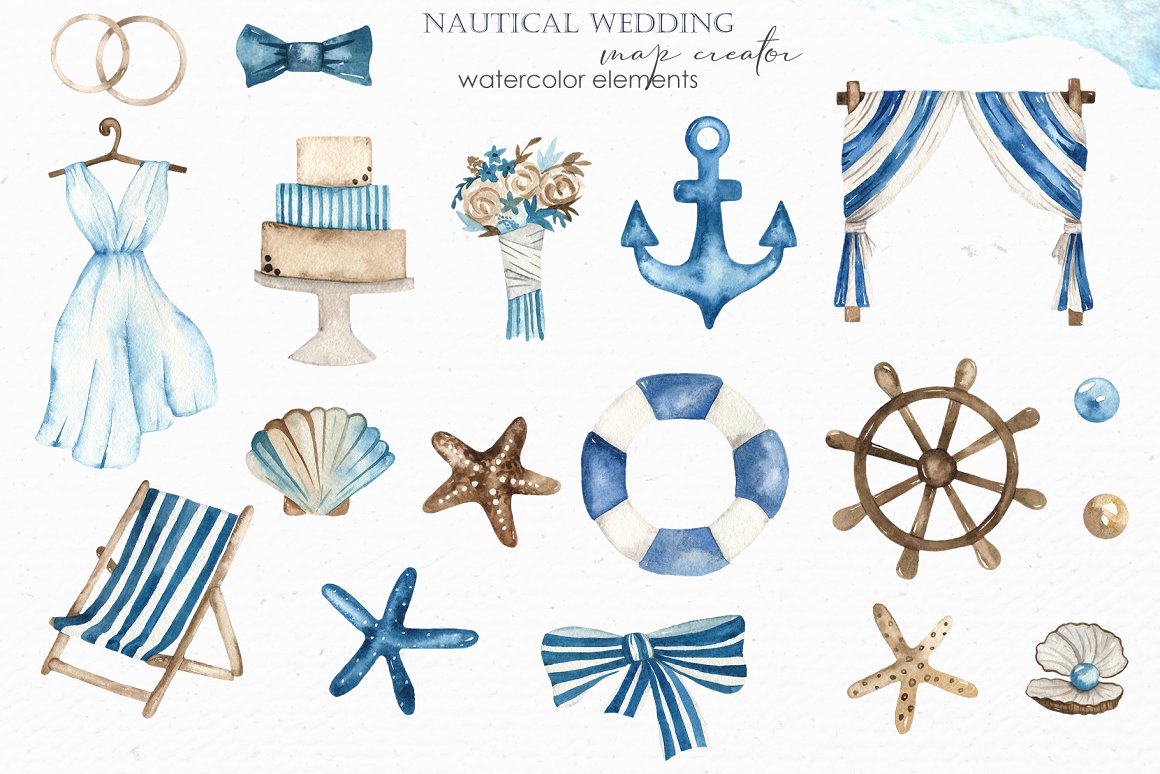 Nautical wedding map creator cover watercolor elements.