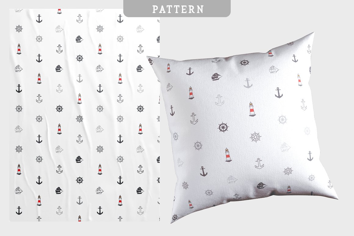 A print on a pillow and other marine-themed items.
