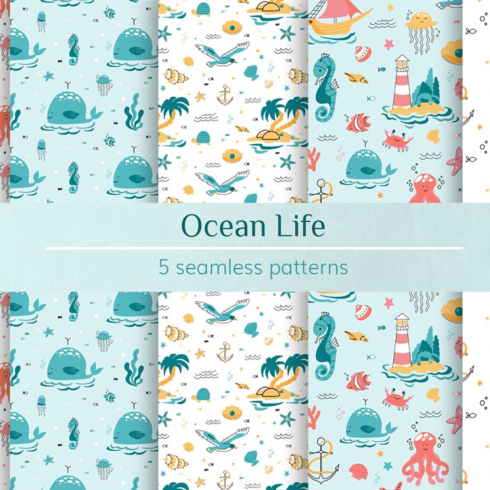 Images preview ocean life seamless patterns set.