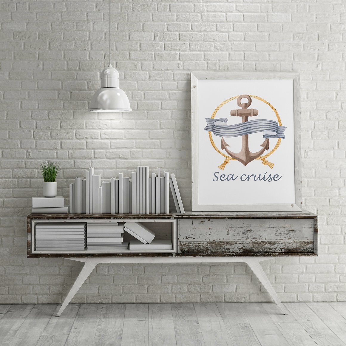 An image of a bedside table and a painting with an anchor.