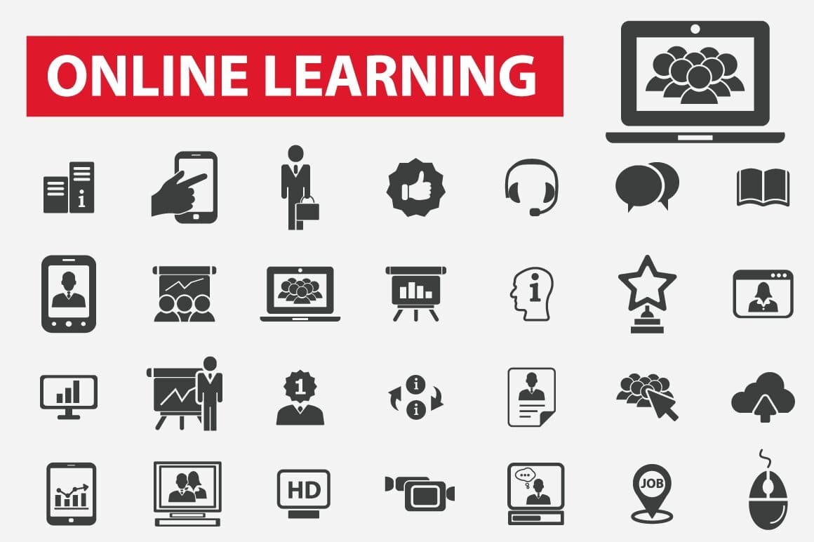 49 online learning icons on the grey background.