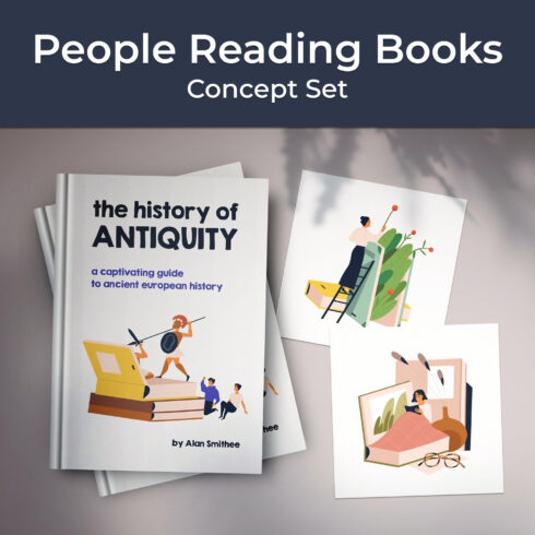 Images preview people reading books concept set.