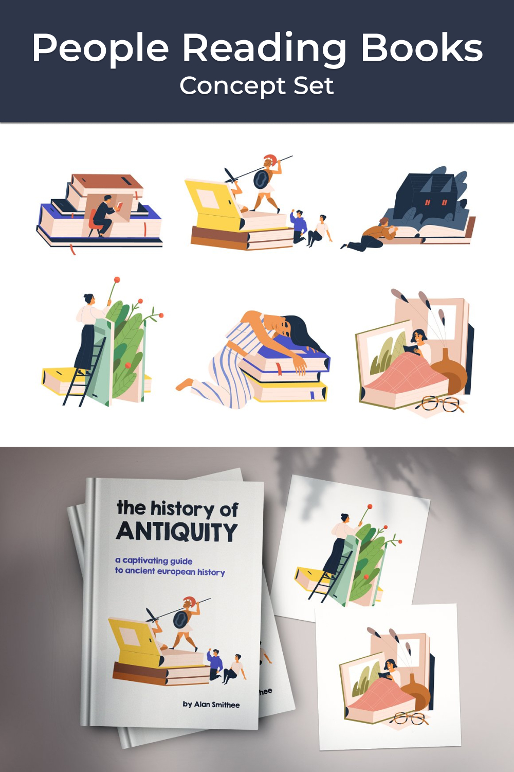Illustrations of people reading books concept set.