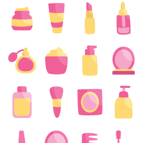 Images preview pink yellow cosmetics set.