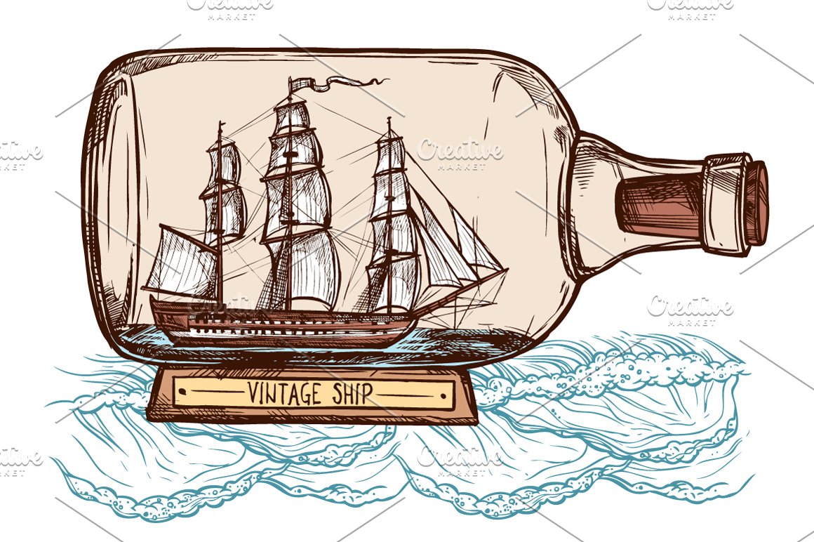 A bottle with a boat and so on.