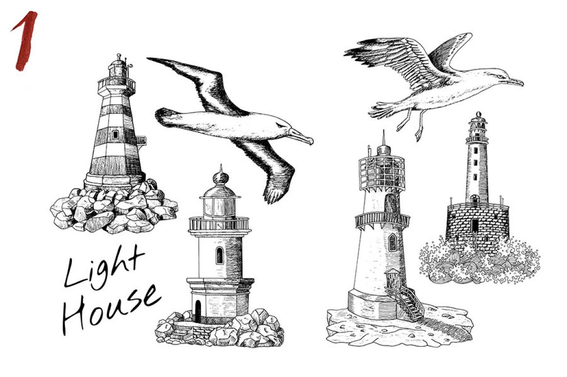 Seagulls lighthouse and inscriptions.