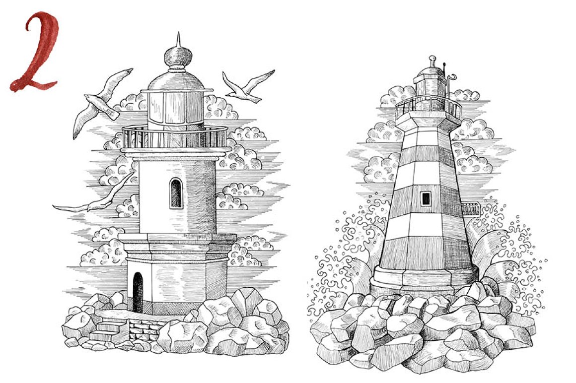 Black and white drawings of a lighthouse.