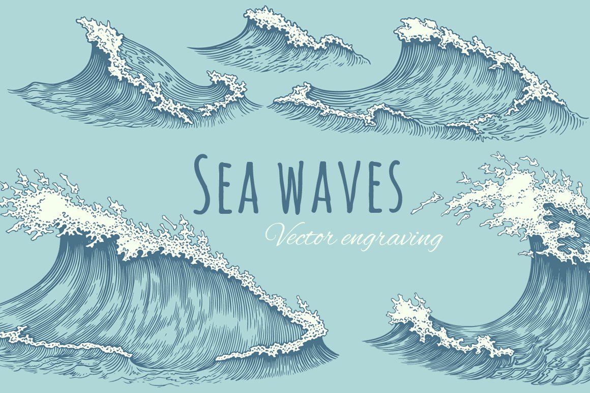 Blue and white lettering "Sea Waves Vector Engraving" and different waves illustrations on a blue background.