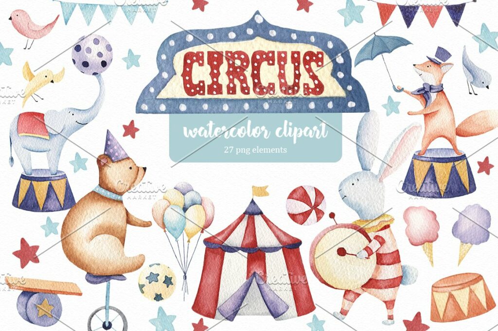 Circus Animals Watercolor Clipart – MasterBundles