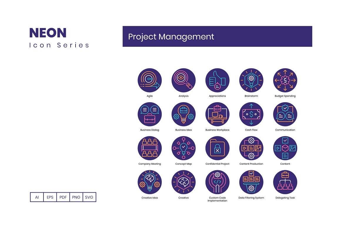 Project management icons neon.