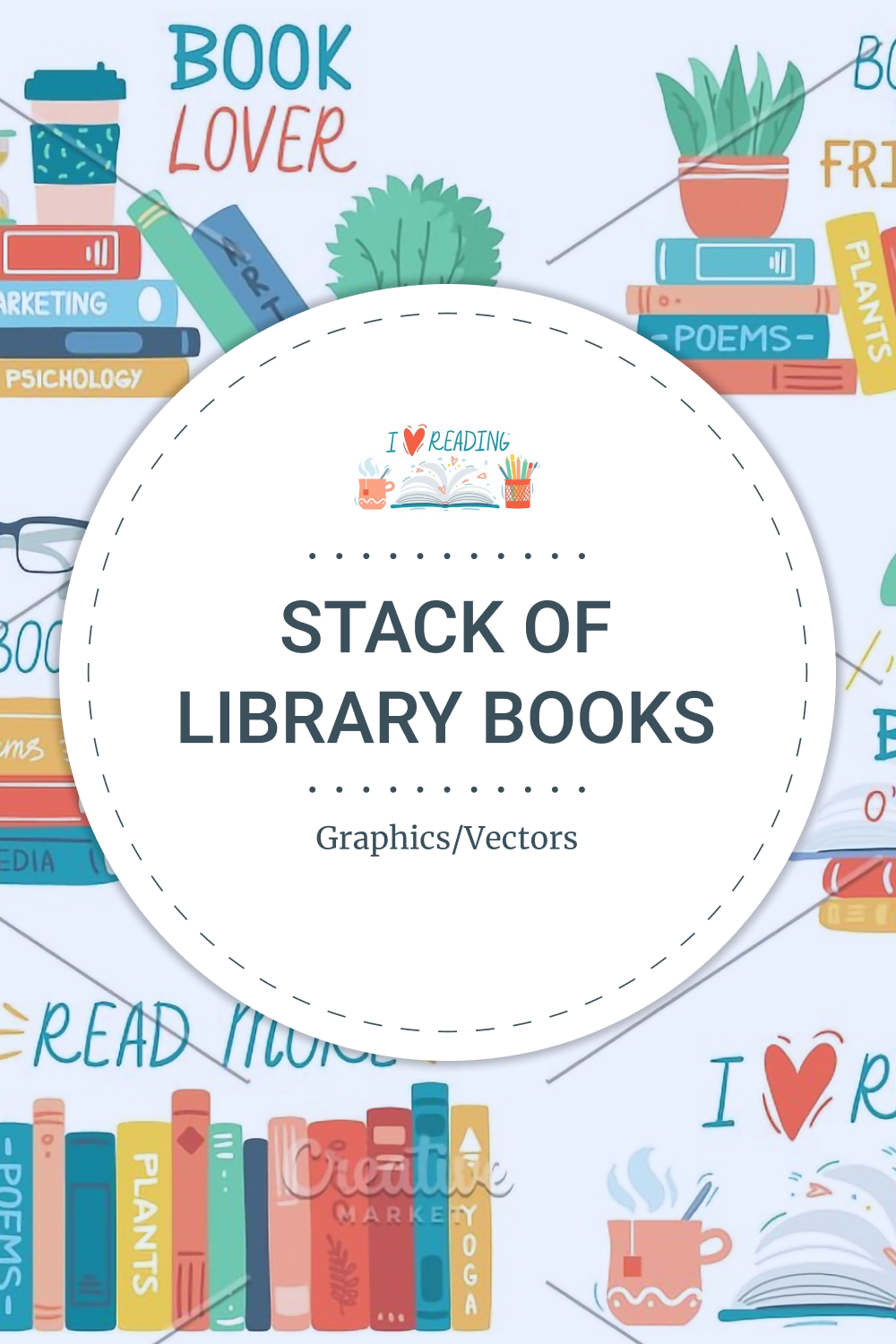 Illustrations reading books. stack of library.