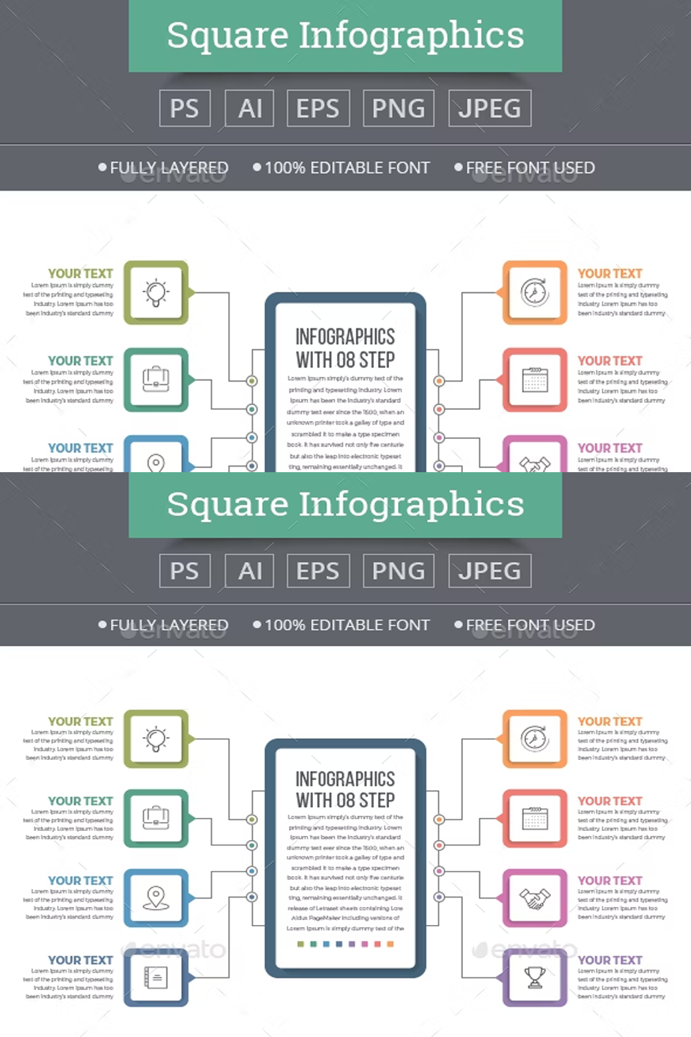 Illustrations rounded square infographics with 08 steps of pinterest.