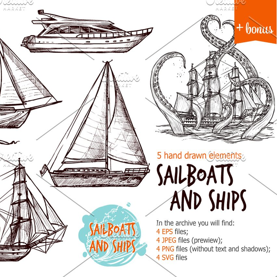 Images preview sailships boats sketch set.