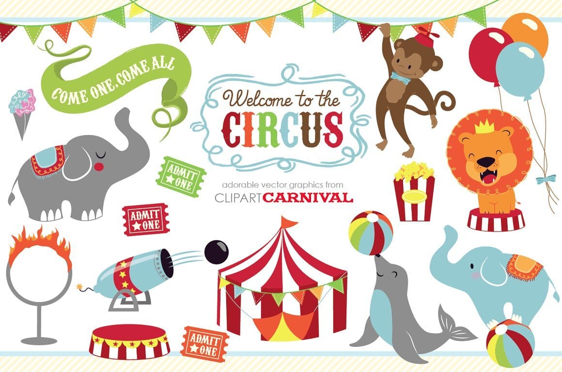 Adorable set of baby circus clip art with circus animals, lion, seal, elephant, monkey and circus tent graphic, bunting flags, balloons and more.